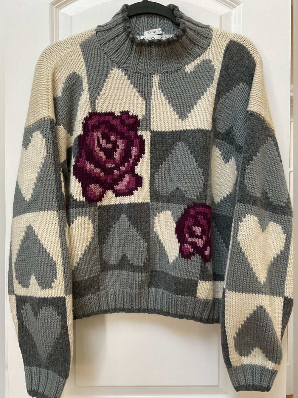 Vintage Jay Jacobs Hand-Knit Heart & Rose Checked Chunky Sweater